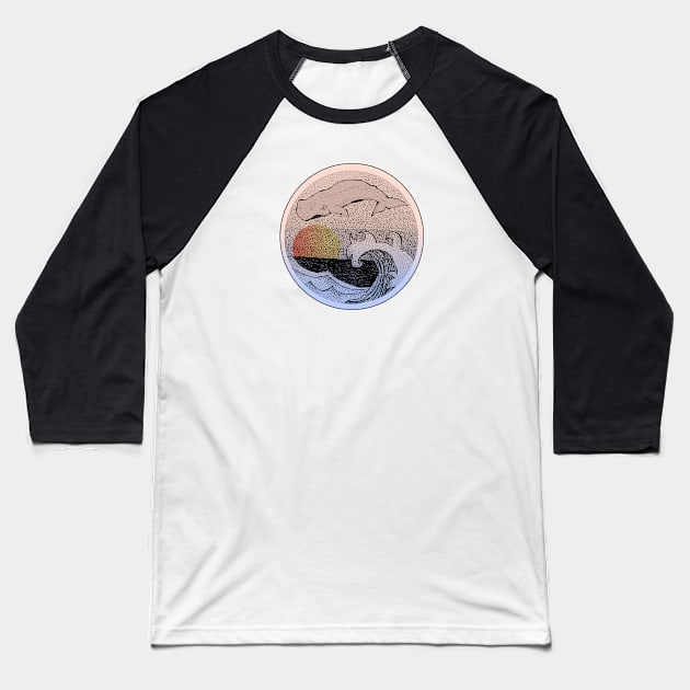 Flying Whale and the Waves - Stippling Art Baseball T-Shirt by JoniGepp